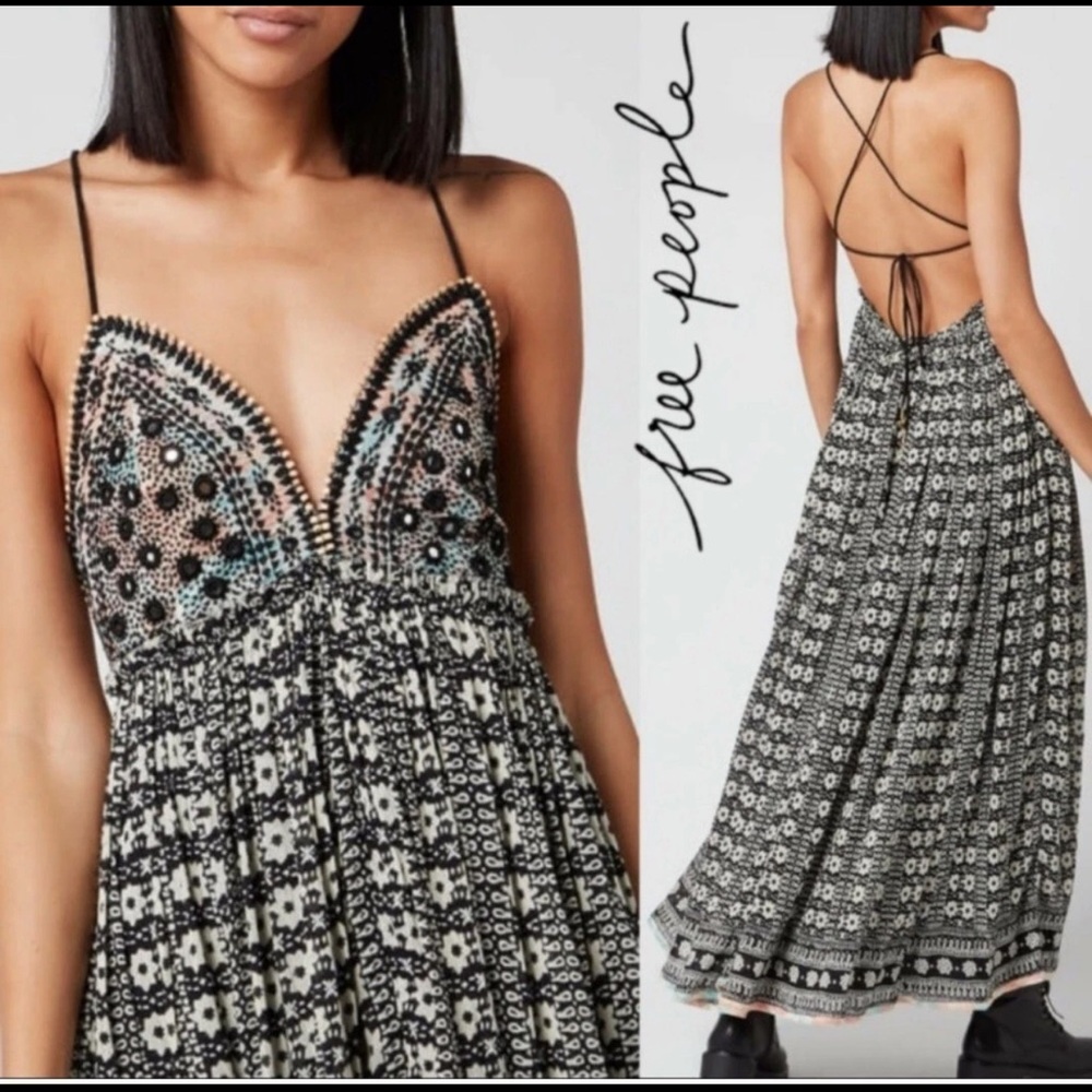 Free People Good Vibes Embellished Mirror Halter Boho Maxi Dress Sz Medium